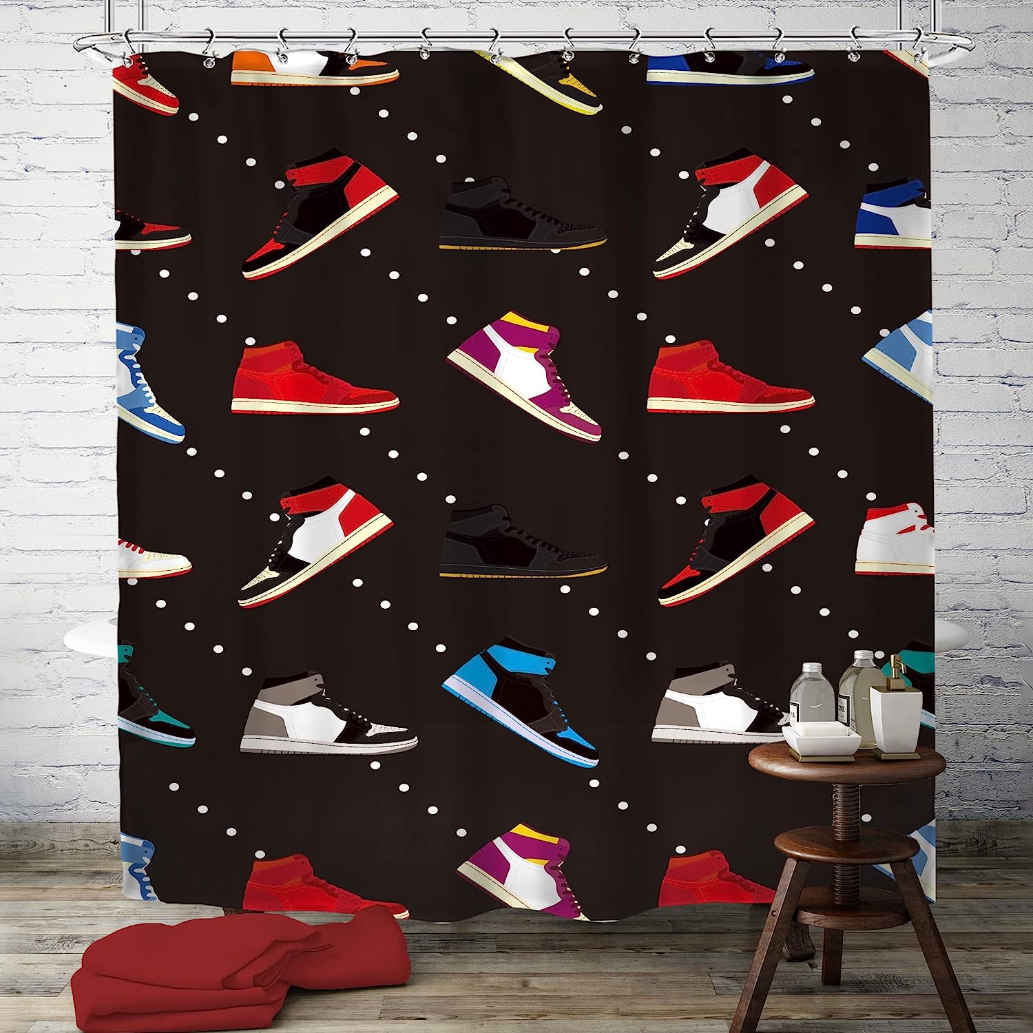Colorful Sneaker Basketball Print Shower Curtain for Sports Boys Waterproof Bathroom Panels
