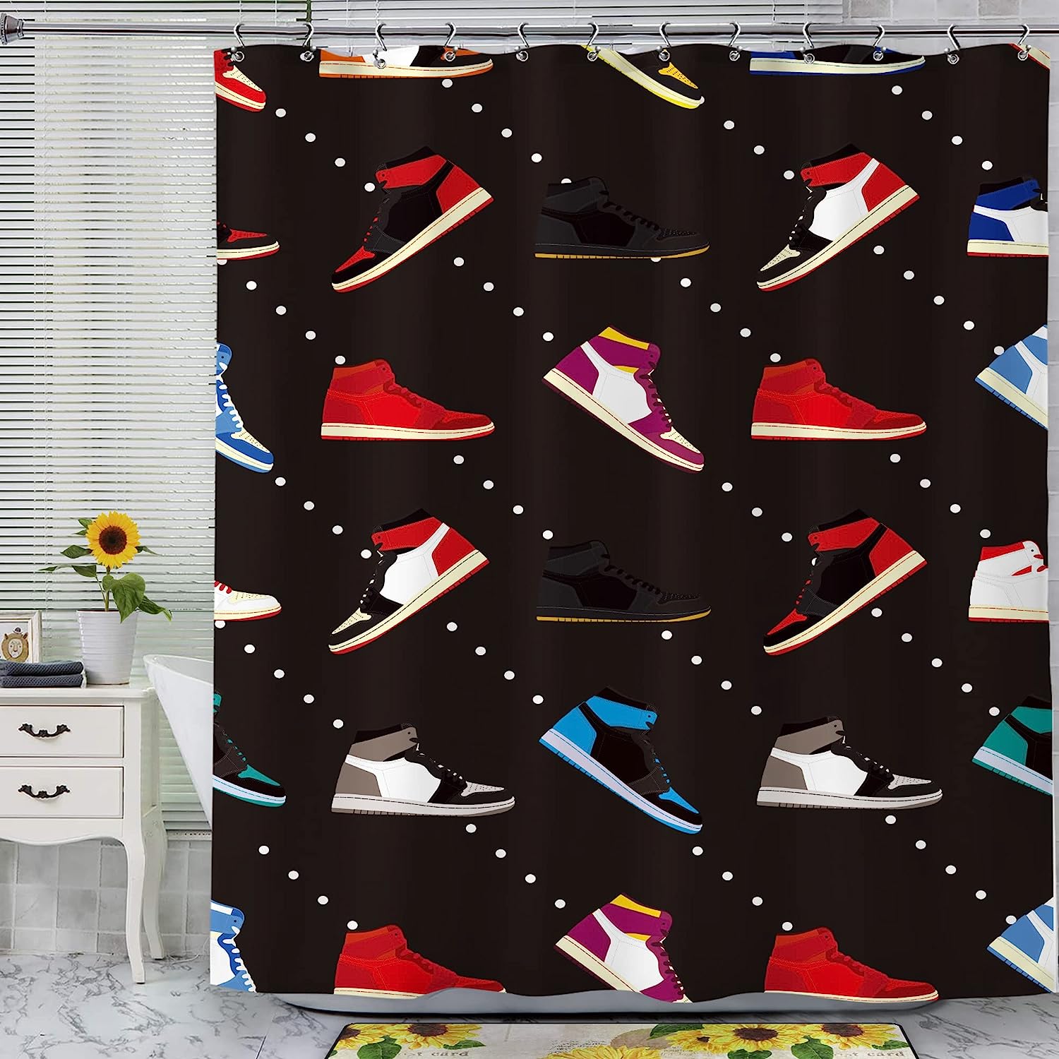 Colorful Sneaker Basketball Print Shower Curtain for Sports Boys Waterproof Bathroom Panels