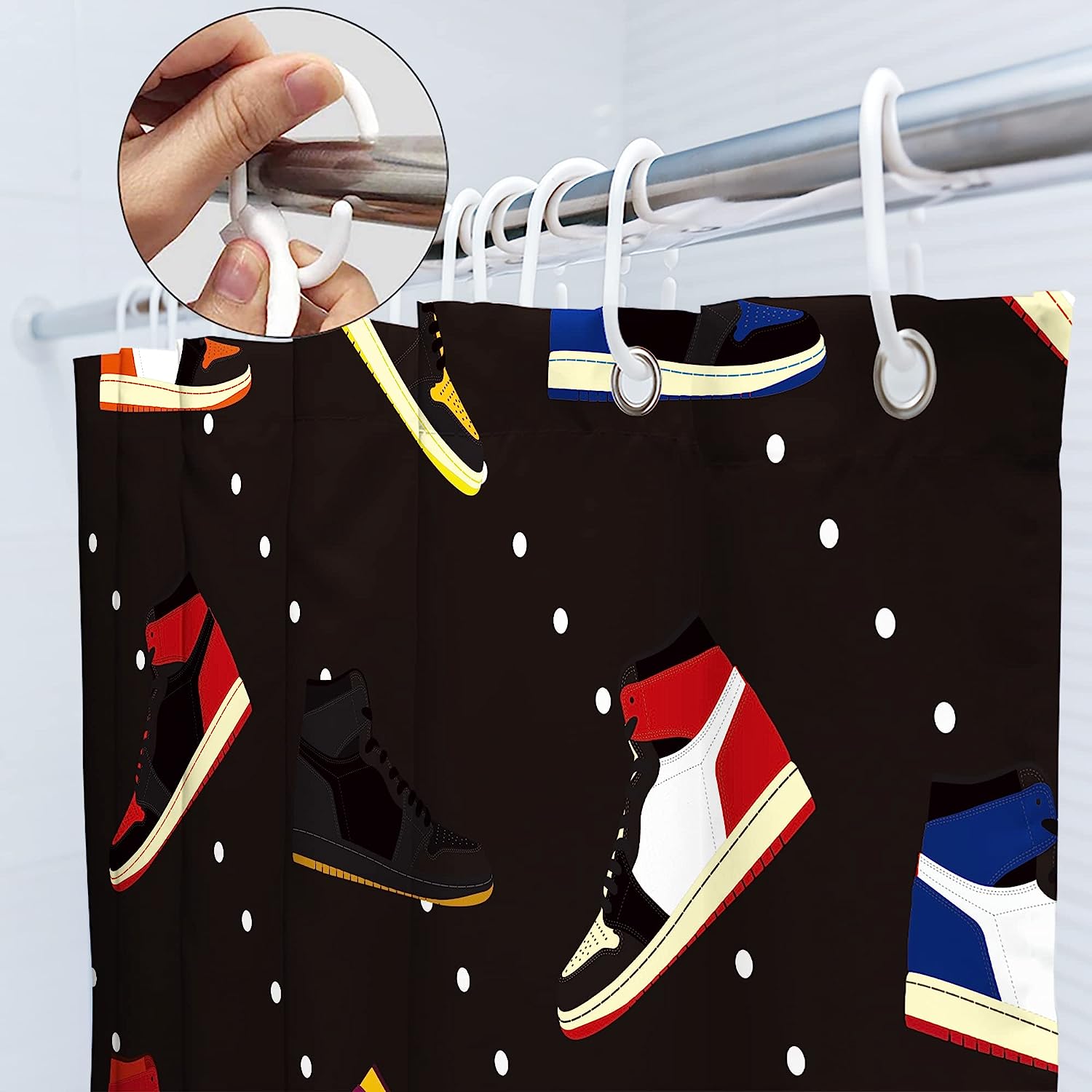 Colorful Sneaker Basketball Print Shower Curtain for Sports Boys Waterproof Bathroom Panels
