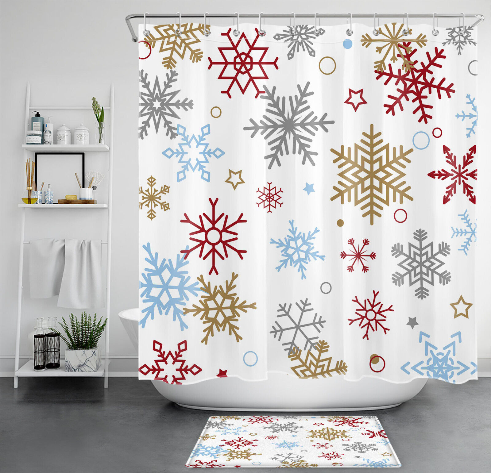 Colorful Snowflake Print Shower Curtain for Modern Christmas Bathroom Decor