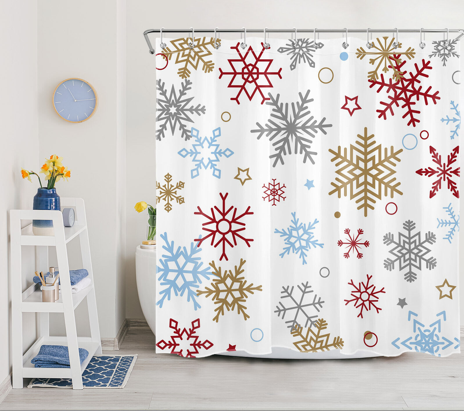Colorful Snowflake Print Shower Curtain for Modern Christmas Bathroom Decor