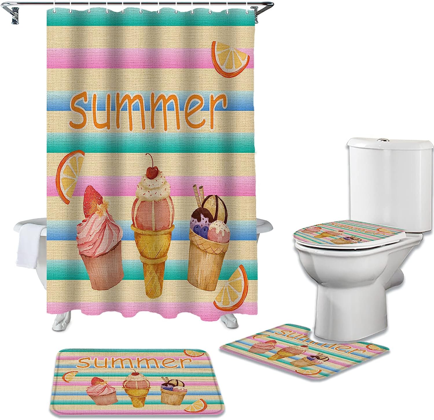 Colorful Stripe Ice Cream Lemon Shower Curtain for Fun Bathroom Decor