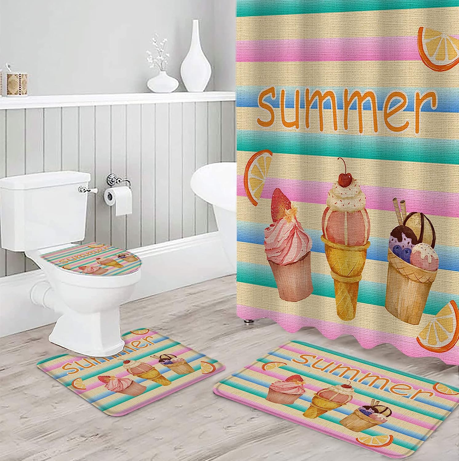 Colorful Stripe Ice Cream Lemon Shower Curtain for Fun Bathroom Decor
