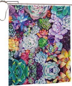 Colorful Succulent Shower Curtain For Modern Bathroom Decor With Metal Hooks