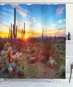 Colorful Sun Is Setting Between Saguaros Wildflowers Shower Curtain