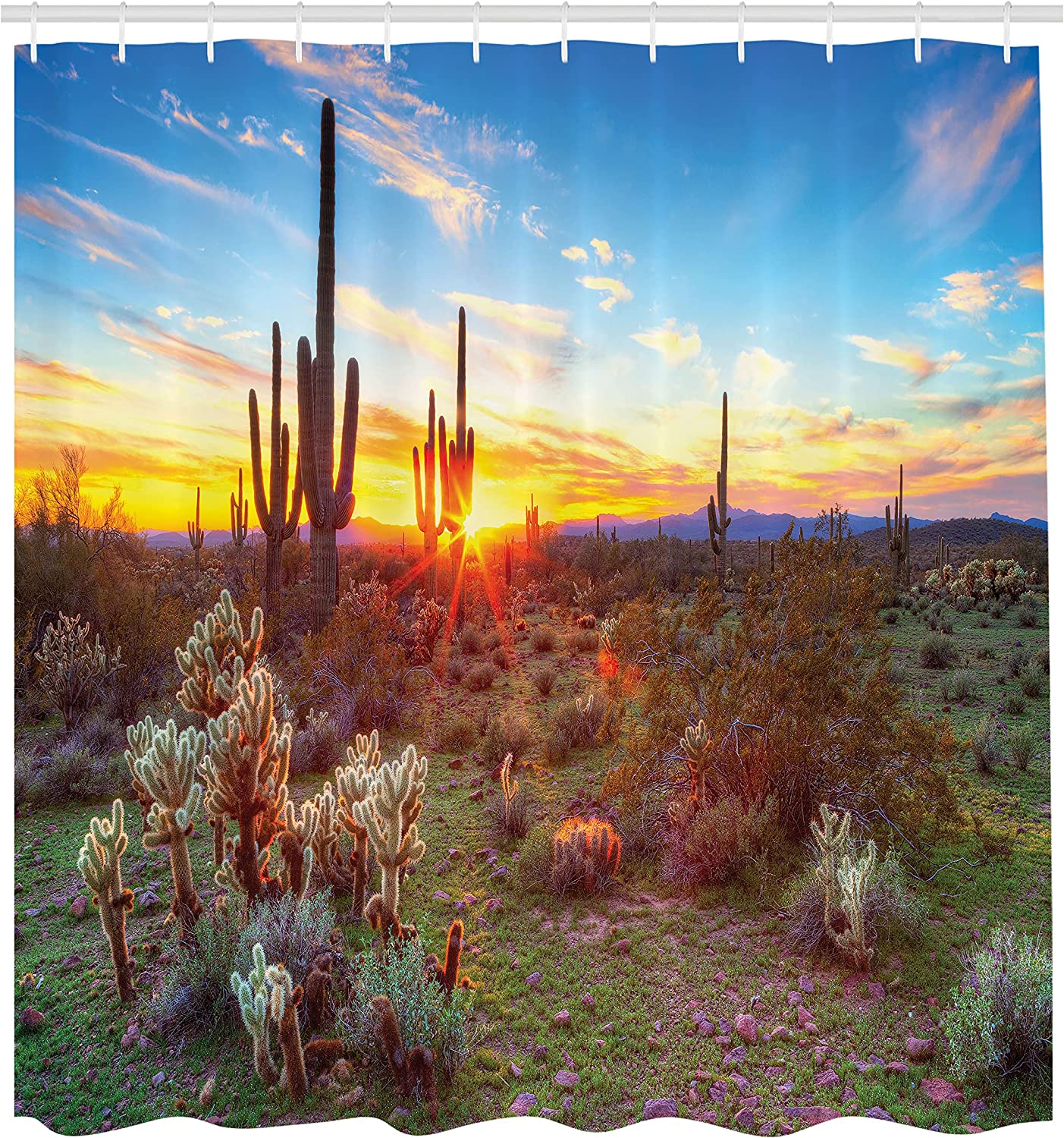 Colorful Sun Is Setting Between Saguaros Wildflowers Shower Curtain - Image 2
