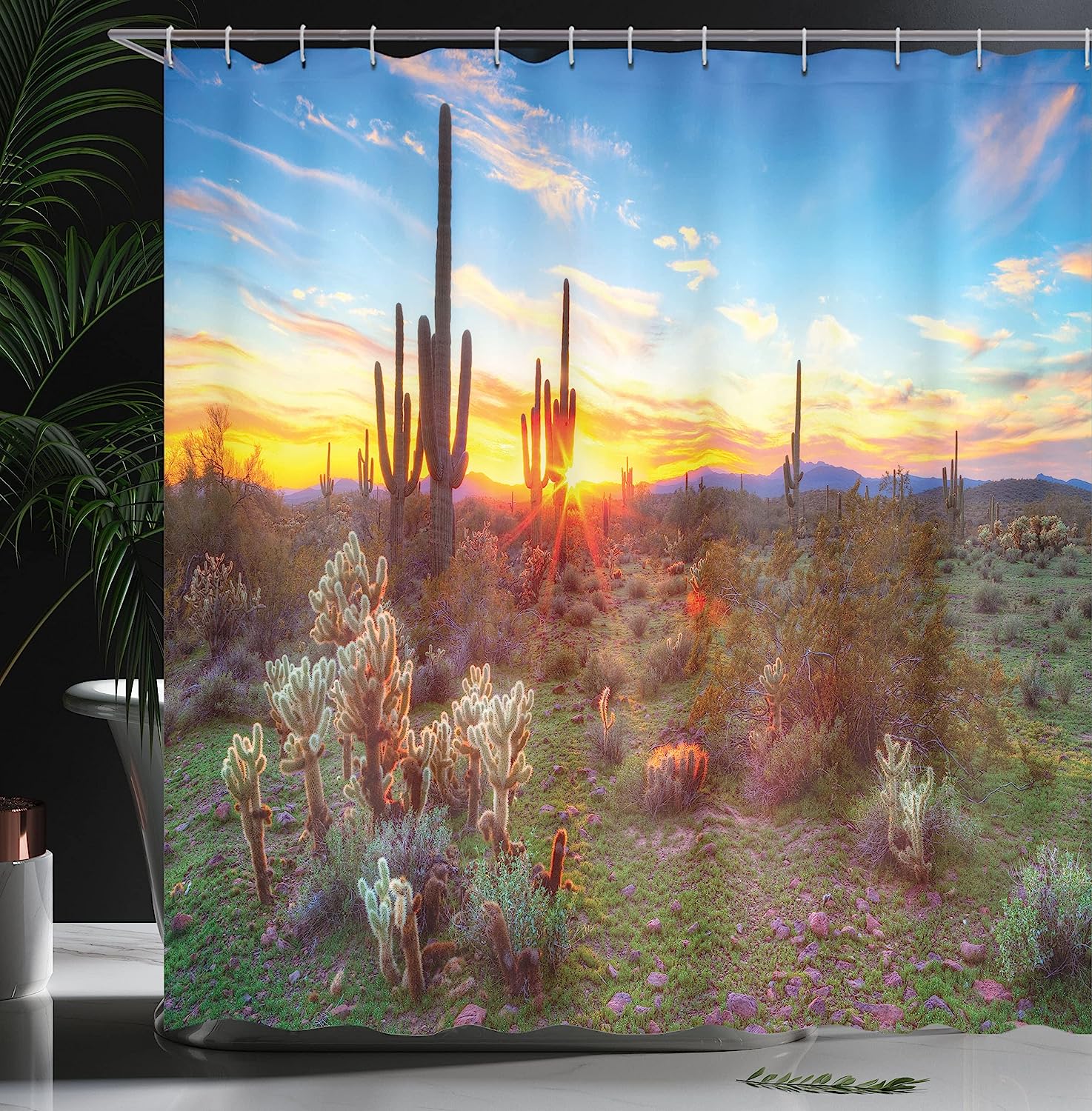 Colorful Sun Is Setting Between Saguaros Wildflowers Shower Curtain - Image 3