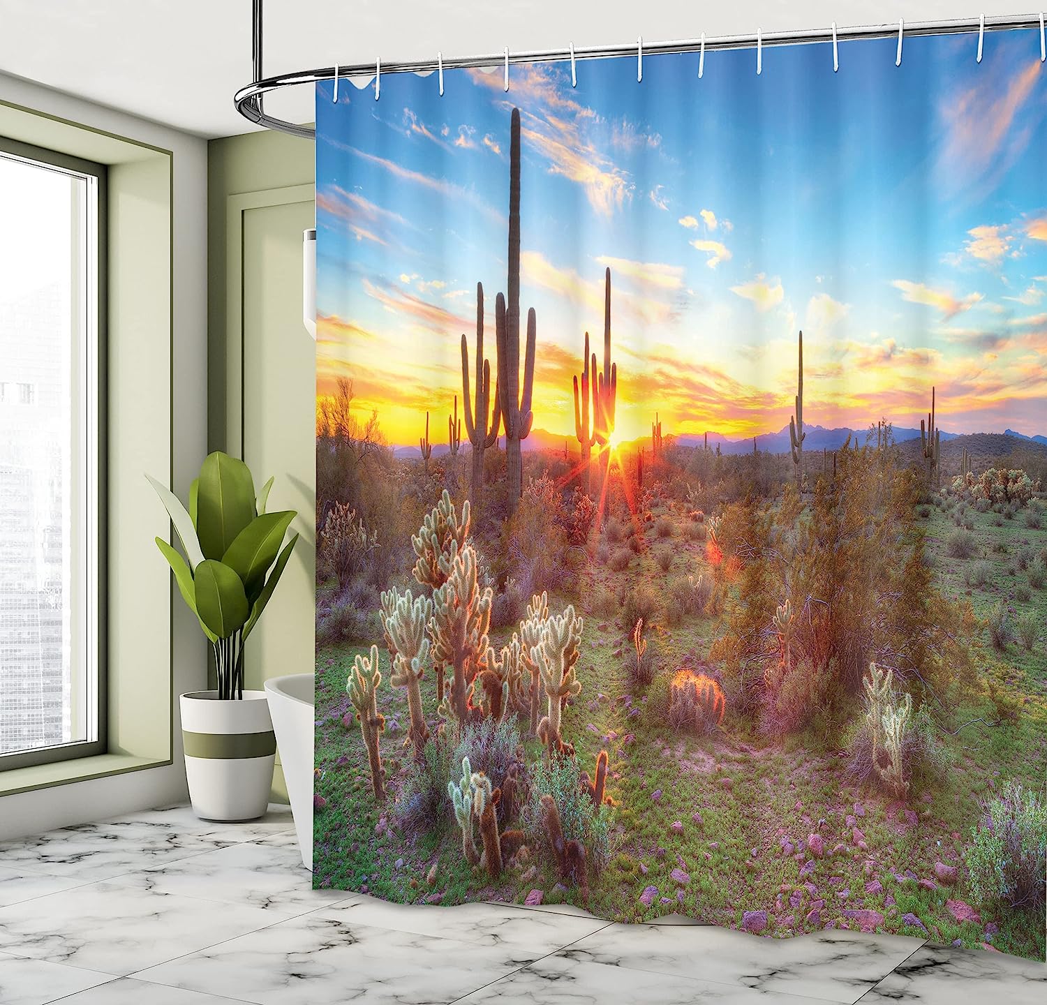 Colorful Sun Is Setting Between Saguaros Wildflowers Shower Curtain - Image 4