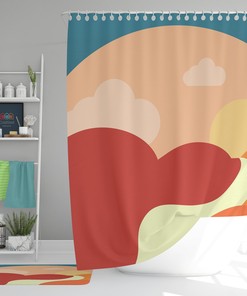 Colorful Sunny Summer Day Shower Curtain, Boho Geometric Design, Fabric Set for Bathroom and Home 