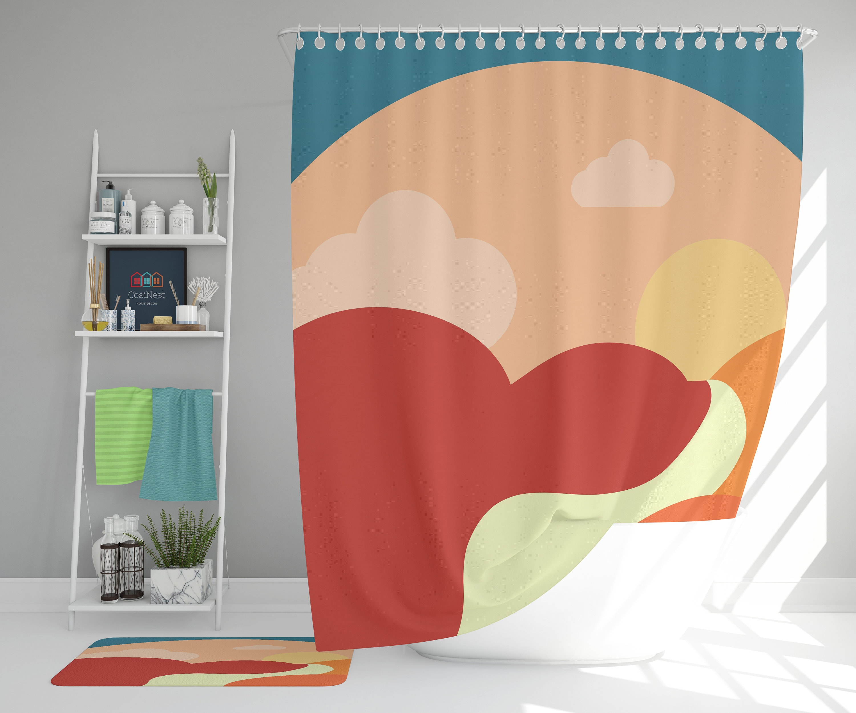 Colorful Sunny Summer Day Shower Curtain, Boho Geometric Design, Fabric Set for Bathroom and Home