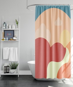 Colorful Sunny Summer Day Shower Curtain, Boho Geometric Design, Fabric Set for Bathroom and Home