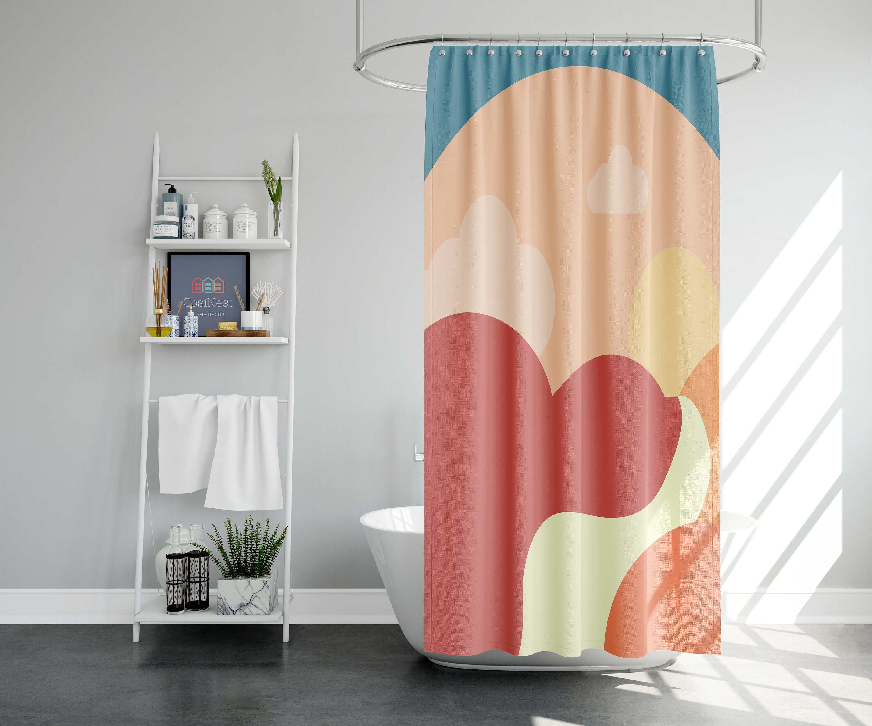 Colorful Sunny Summer Day Shower Curtain, Boho Geometric Design, Fabric Set for Bathroom and Home