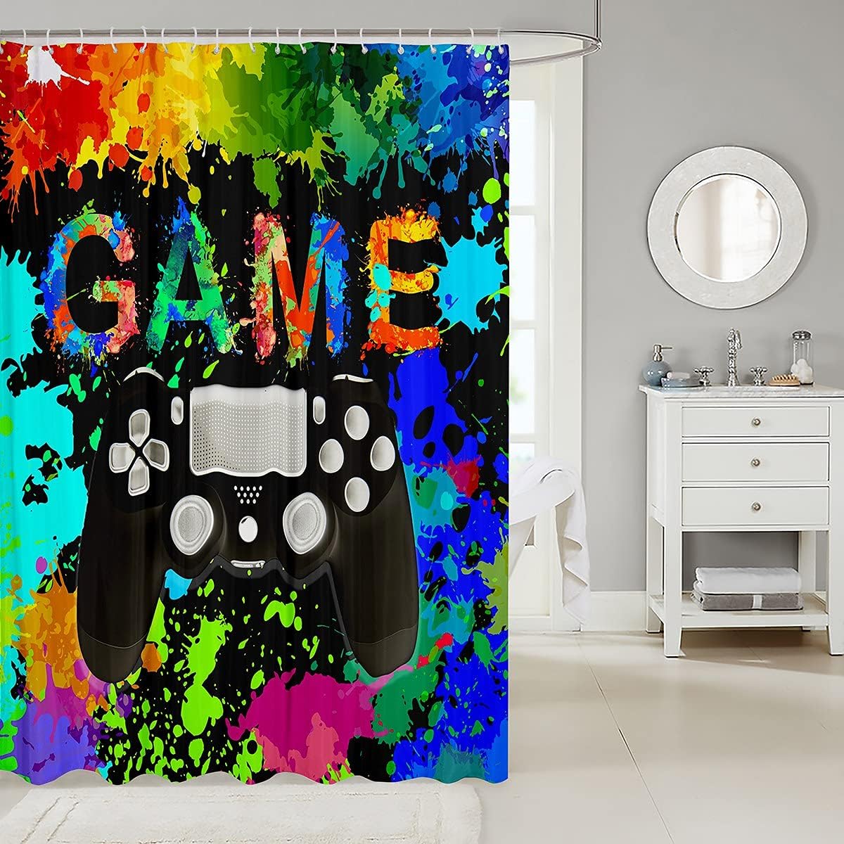 Colorful Tie Dye Gamer Shower Curtain For Video Game Lovers Bathroom