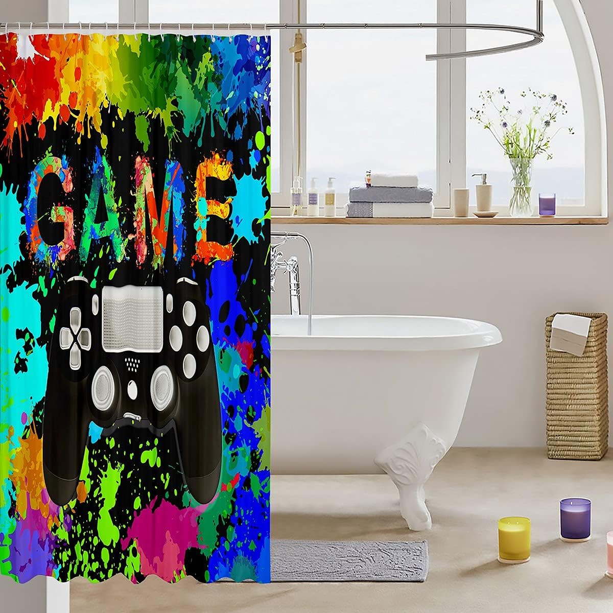 Colorful Tie Dye Gamer Shower Curtain For Video Game Lovers Bathroom