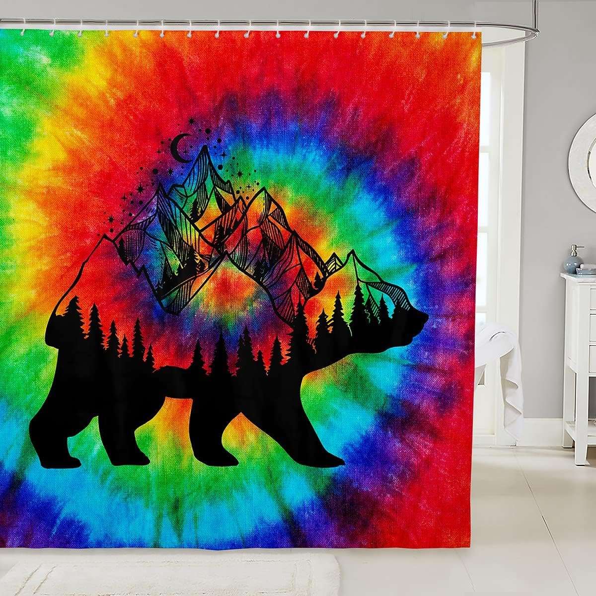 Colorful Tie Dye Hunting Shower Curtain for Rustic Bathroom Decor, Wildlife Print