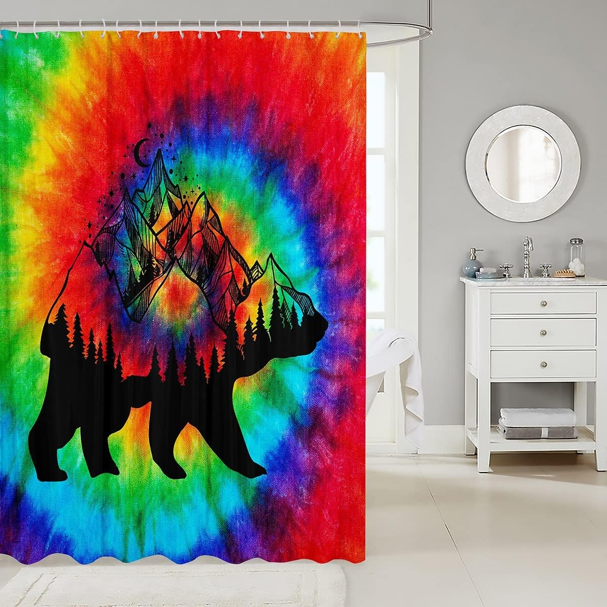 Colorful Tie Dye Hunting Shower Curtain for Rustic Bathroom Decor, Wildlife Print