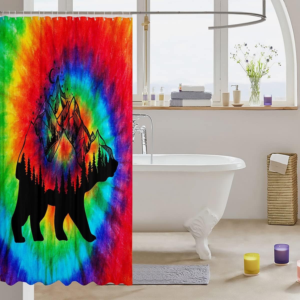 Colorful Tie Dye Hunting Shower Curtain for Rustic Bathroom Decor, Wildlife Print