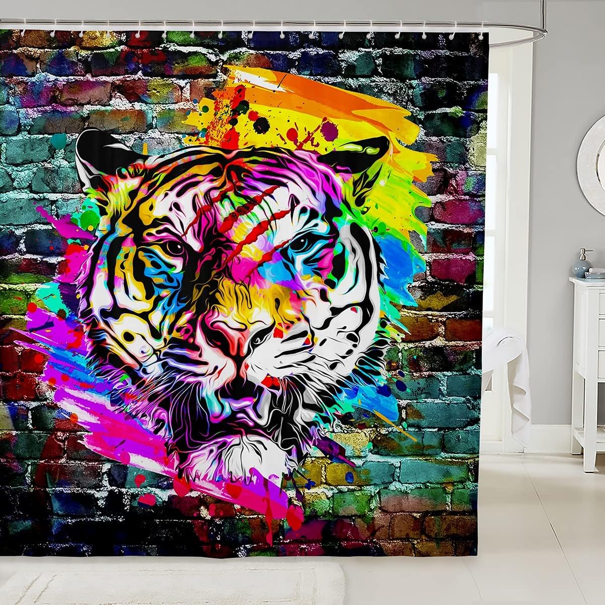Colorful Tiger Wall Print Shower Curtain for Boys' Bathroom, Tie Dye Waterproof Design