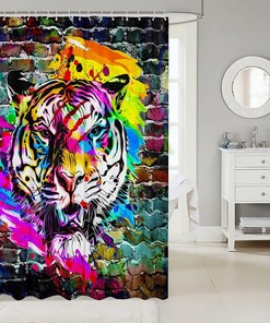 Colorful Tiger Wall Print Shower Curtain for Boys' Bathroom, Tie Dye Waterproof Design