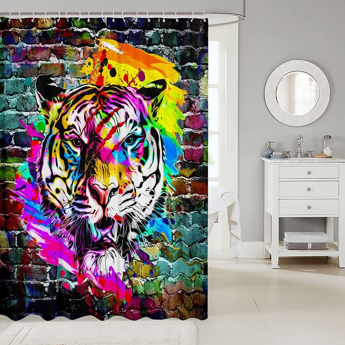 Colorful Tiger Wall Print Shower Curtain for Boys' Bathroom, Tie Dye Waterproof Design