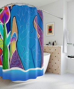 Colorful Trippy Mushroom Print Shower Curtain for a unique and vibrant bathroom decor