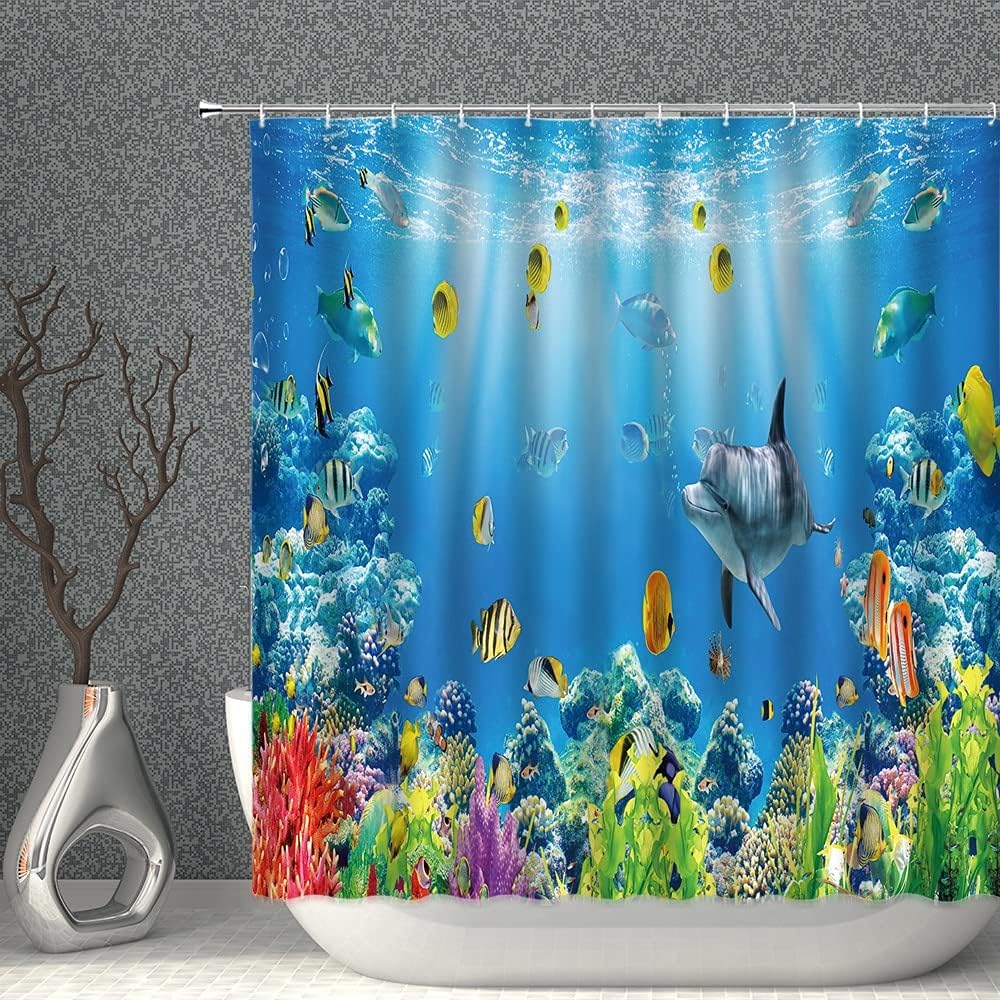 Colorful Tropical Fish And Sea Turtle Shower Curtain With Coral Underwater World Theme