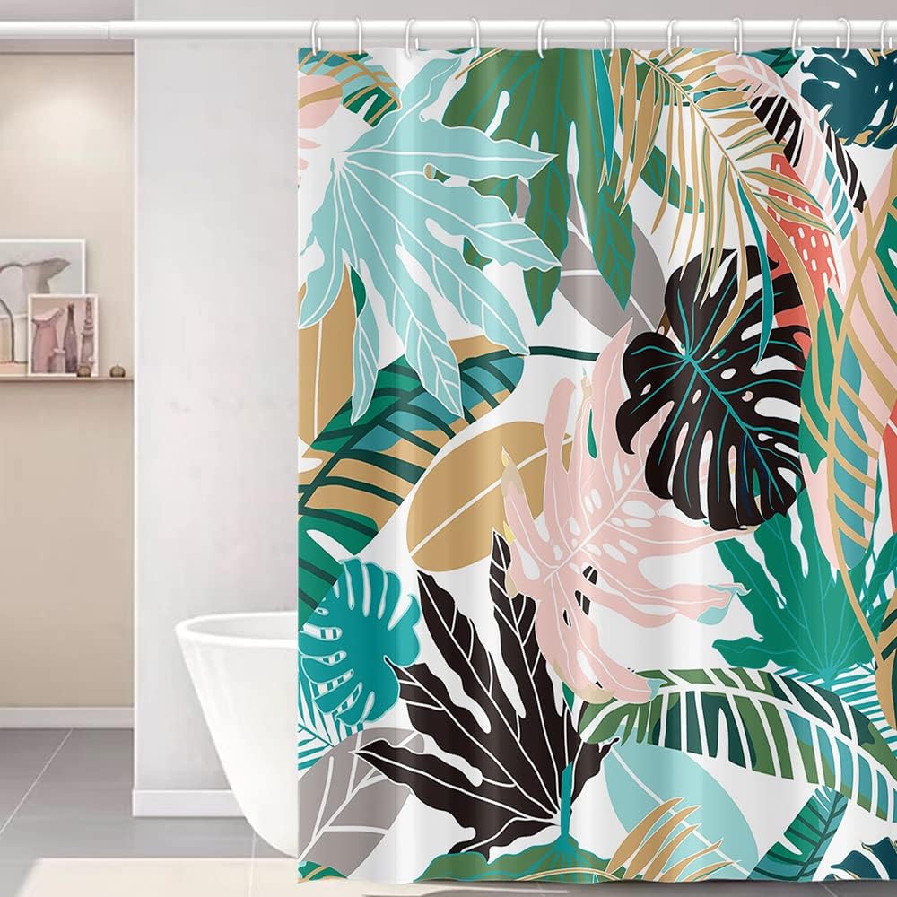 Colorful Tropical Palm Leaves Shower Curtain with Waterproof Fabric for Kids Bathroom Decor