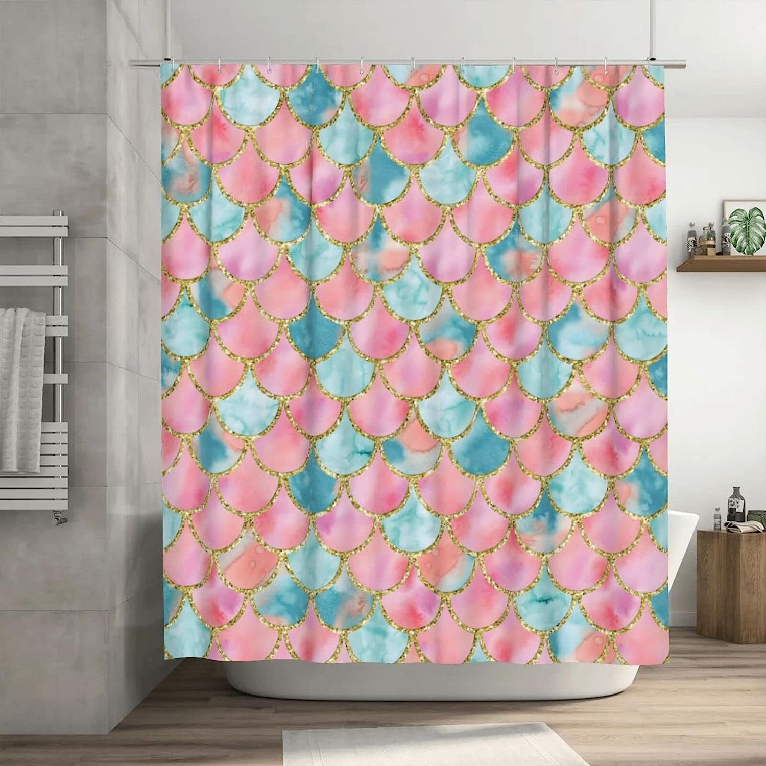 Colorful Under The Sea Pink And Blue Purple Princess Kids Watercolor Ocean Themed Fabric Shower Curtain