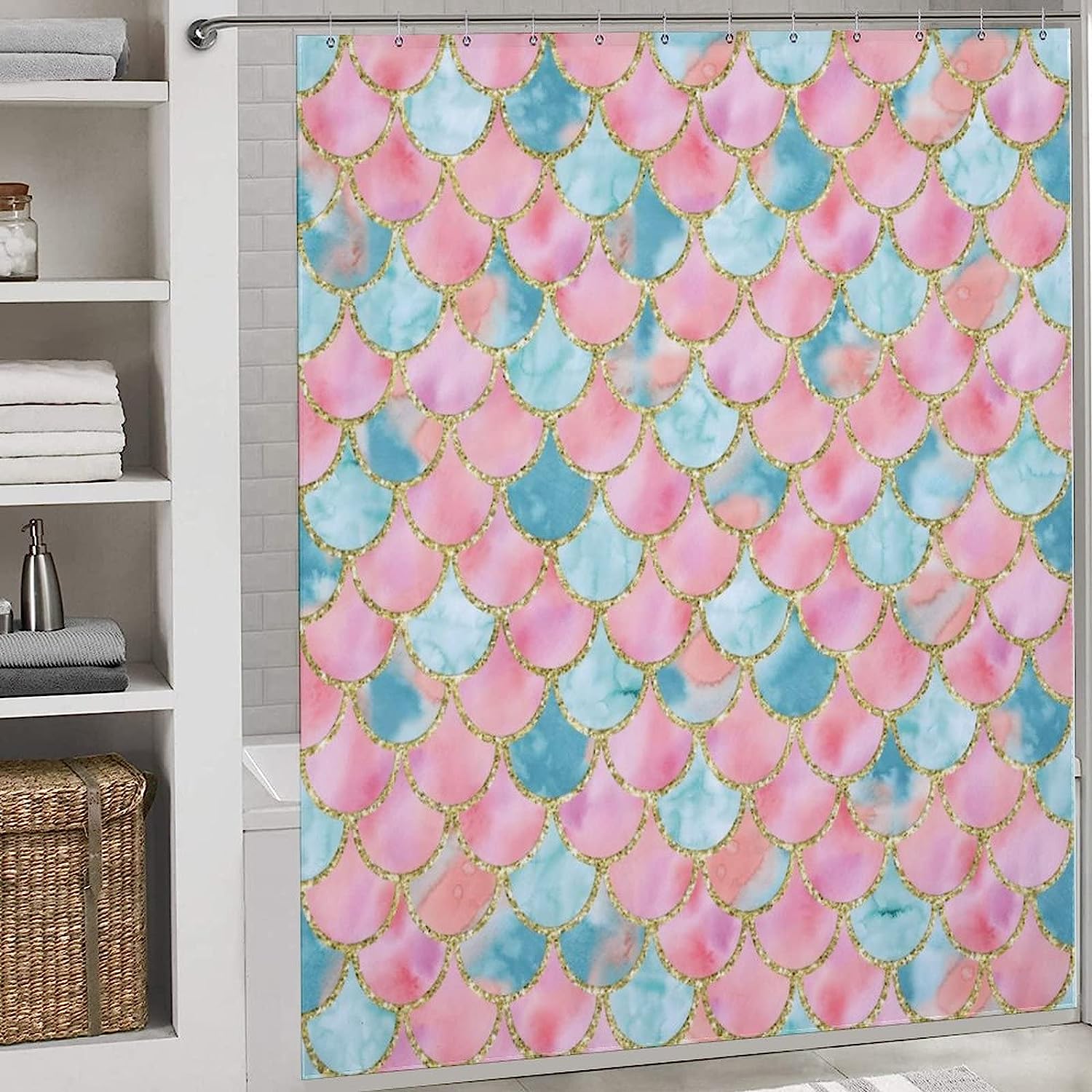Colorful Under The Sea Pink And Blue Purple Princess Kids Watercolor Ocean Themed Fabric Shower Curtain - Image 2