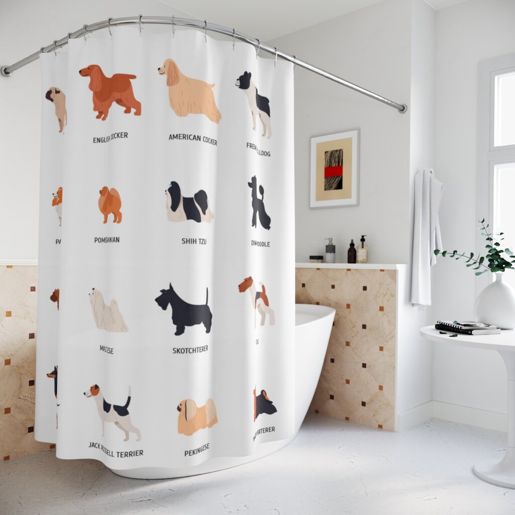 Colorful Vector Print Dog Breeds Shower Curtain For A Dog-Loving Bathroom