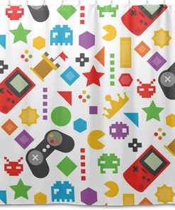 Colorful Video Game Shower Curtain For Home Decor, Flat Design, Waterproof