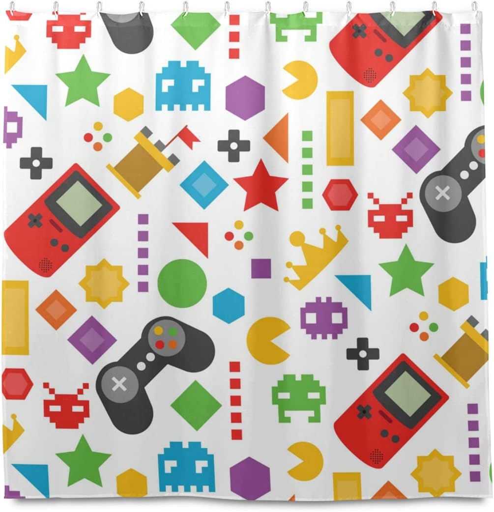 Colorful Video Game Shower Curtain For Home Decor, Flat Design, Waterproof