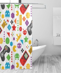 Colorful Video Game Shower Curtain For Home Decor, Flat Design, Waterproof