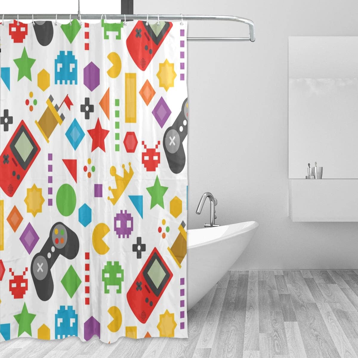Colorful Video Game Shower Curtain For Home Decor, Flat Design, Waterproof