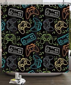 Colorful Video Games Controller Shower Curtain, Abstract Modern Funny Bath Curtain for Gamer Room Décor