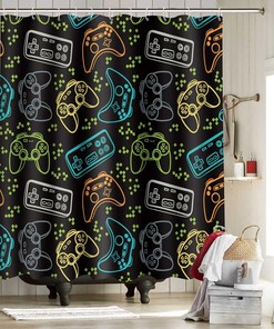 Colorful Video Games Controller Shower Curtain, Abstract Modern Funny Bath Curtain for Gamer Room Décor