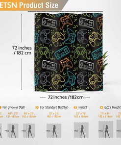 Colorful Video Games Controller Shower Curtain, Abstract Modern Funny Bath Curtain for Gamer Room Décor