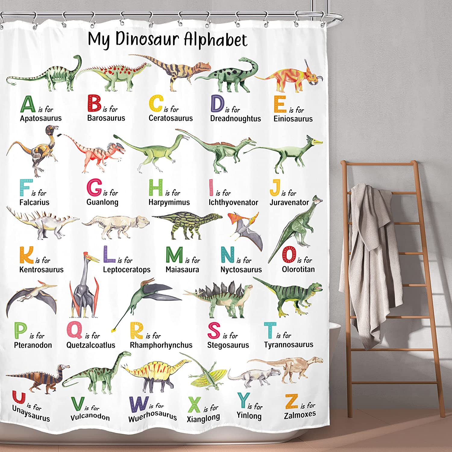 Colorful Watercolor Dinosaur ABC Alphabet Print Shower Curtain for Fun Learning in Kids Bath
