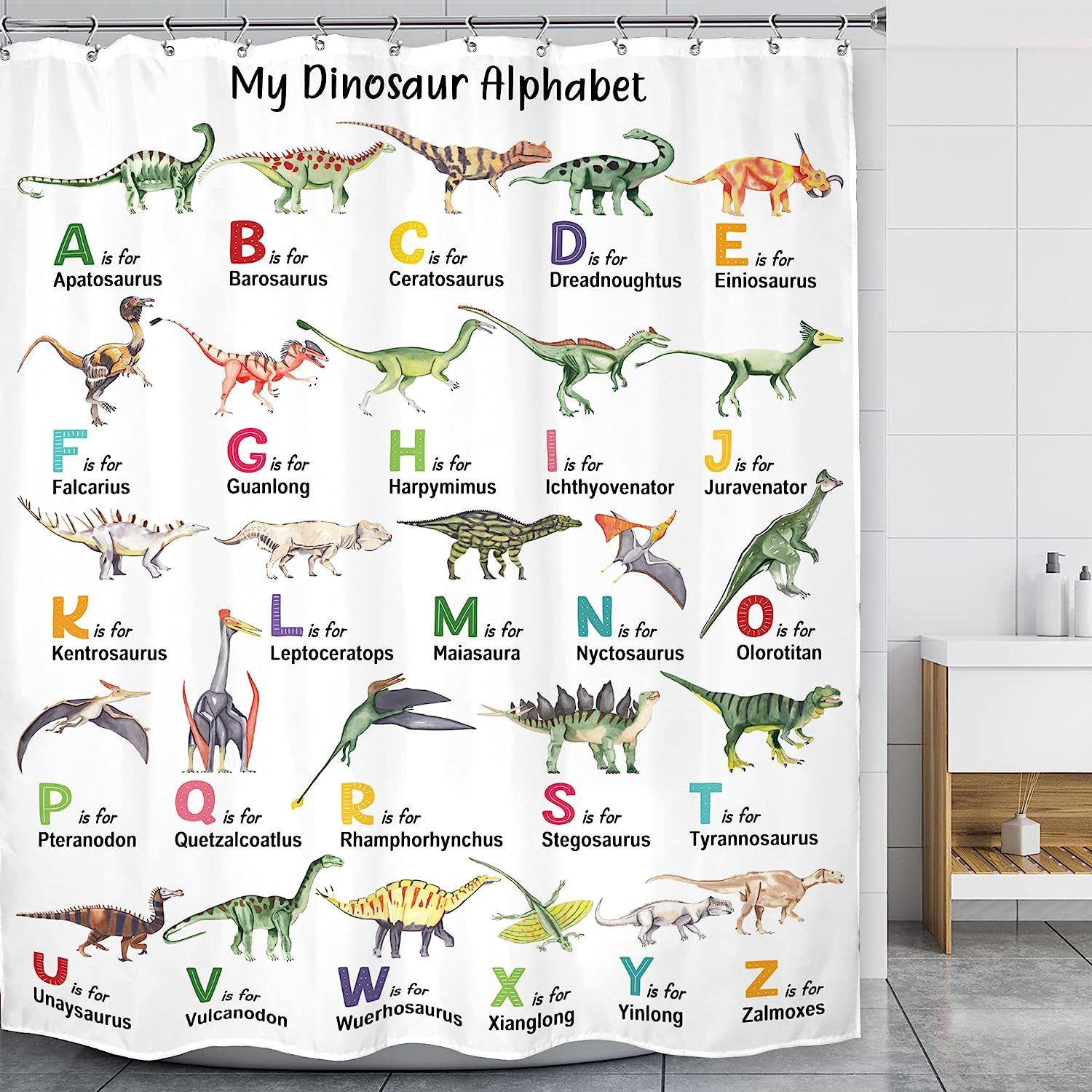 Colorful Watercolor Dinosaur ABC Alphabet Print Shower Curtain for Fun Learning in Kids Bath