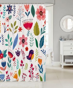 Colorful Watercolor Flowers And Botanical Leaf Shower Curtain For Boho Bathroom.