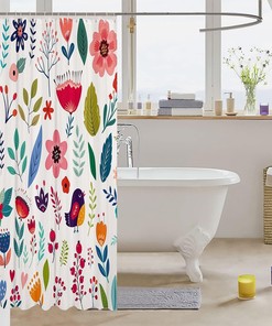 Colorful Watercolor Flowers And Botanical Leaf Shower Curtain For Boho Bathroom.