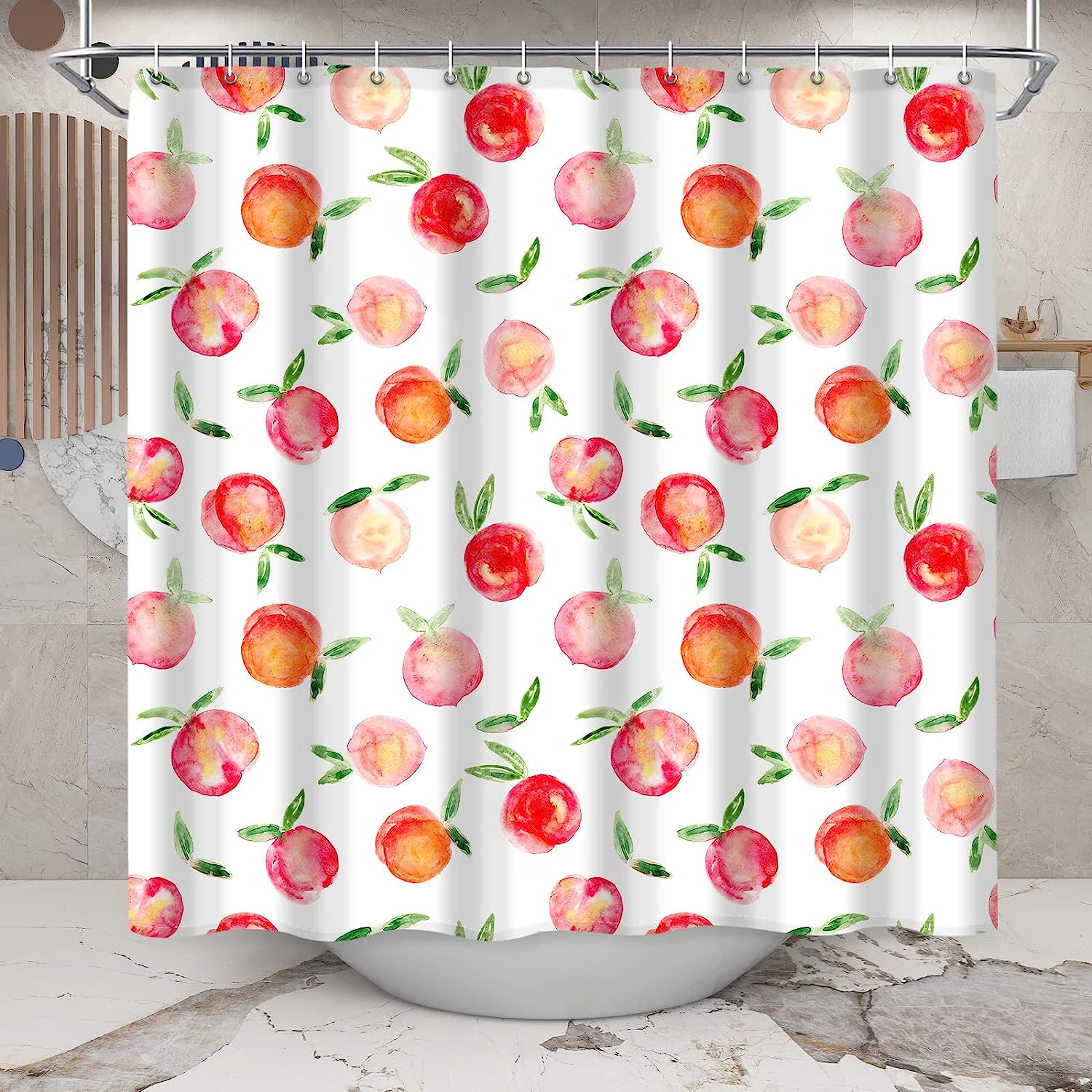 Colorful Watercolor Peach Shower Curtain With Cute Fruit Print, Bathroom Decor