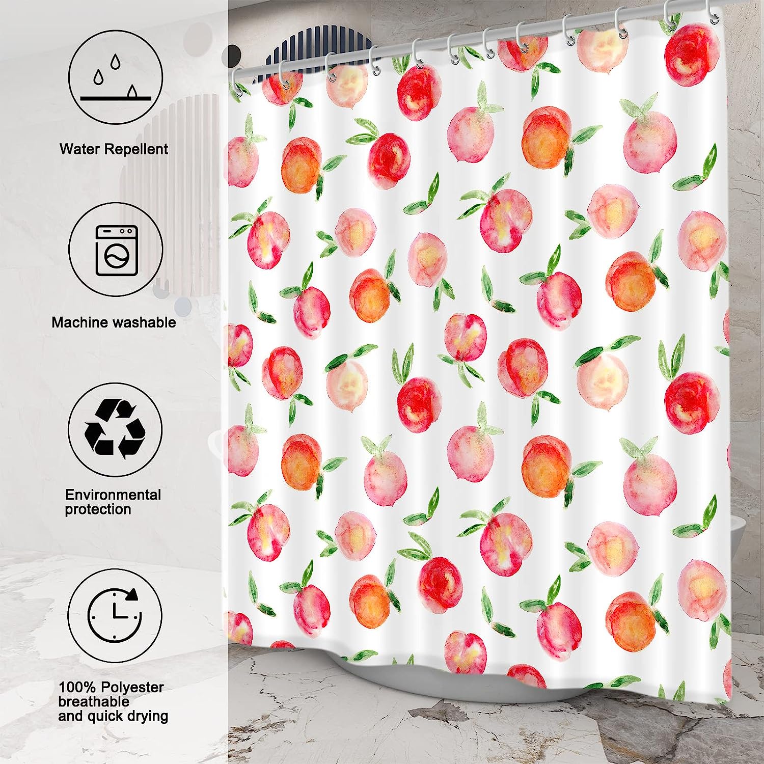 Colorful Watercolor Peach Shower Curtain With Cute Fruit Print, Bathroom Decor