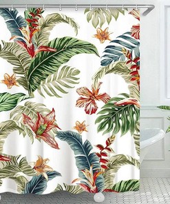 Colorful Waterproof Shower Curtain with Palm Leaves and Mosaic Tiles Print