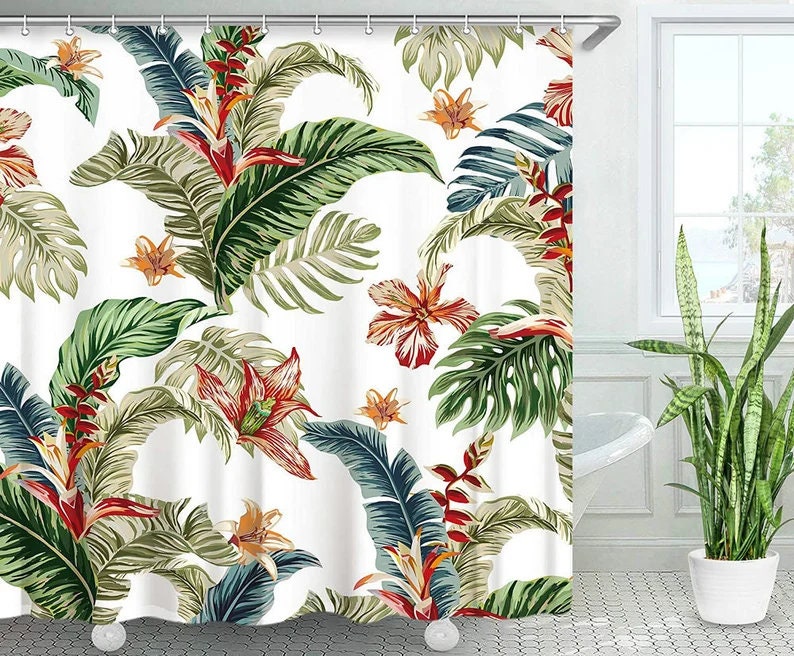 Colorful Waterproof Shower Curtain with Palm Leaves and Mosaic Tiles Print