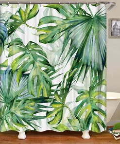 Colorful Waterproof Shower Curtain with Palm Leaves and Mosaic Tiles Print