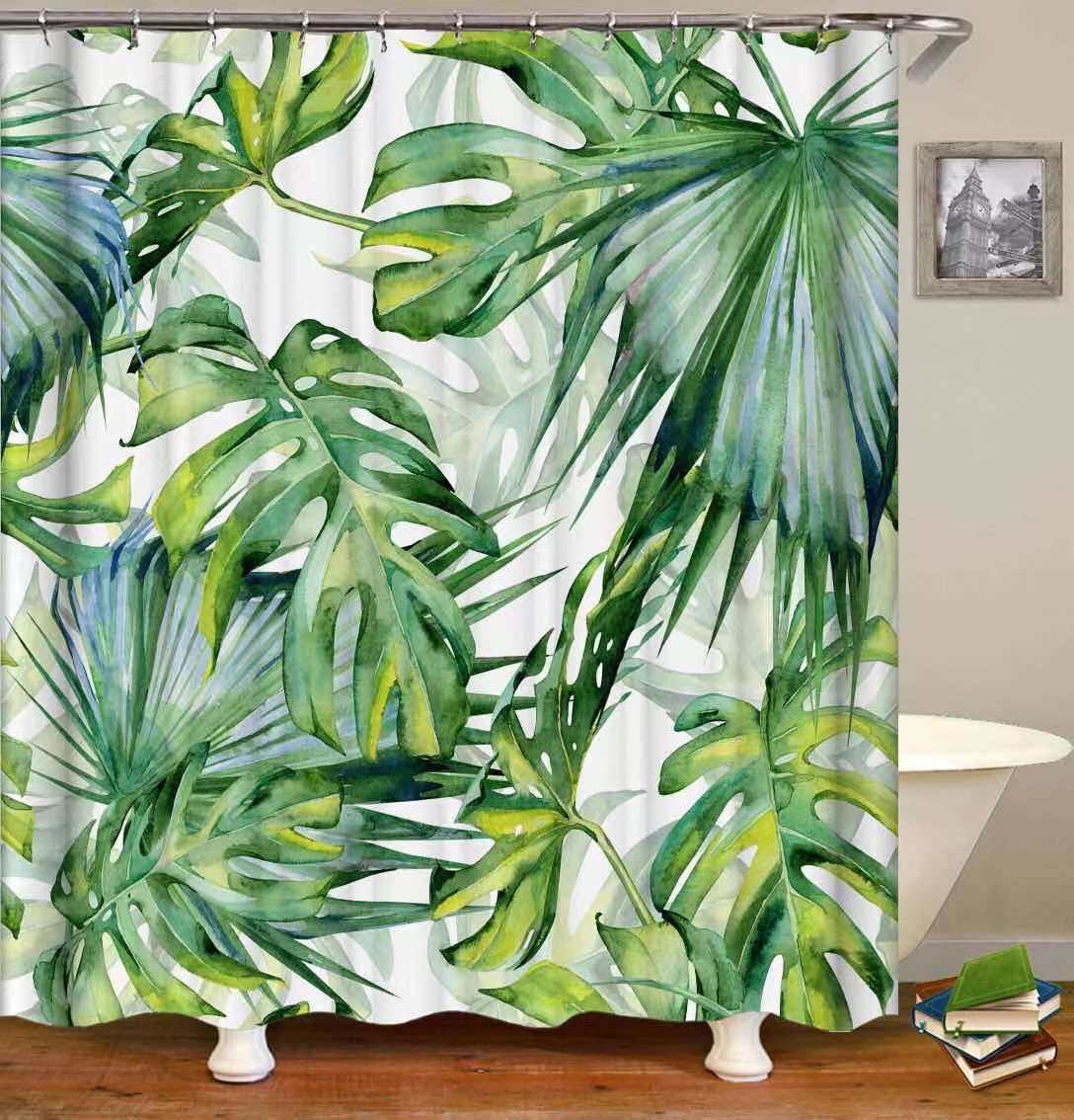 Colorful Waterproof Shower Curtain with Palm Leaves and Mosaic Tiles Print