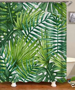 Colorful Waterproof Shower Curtain with Palm Leaves and Mosaic Tiles Print