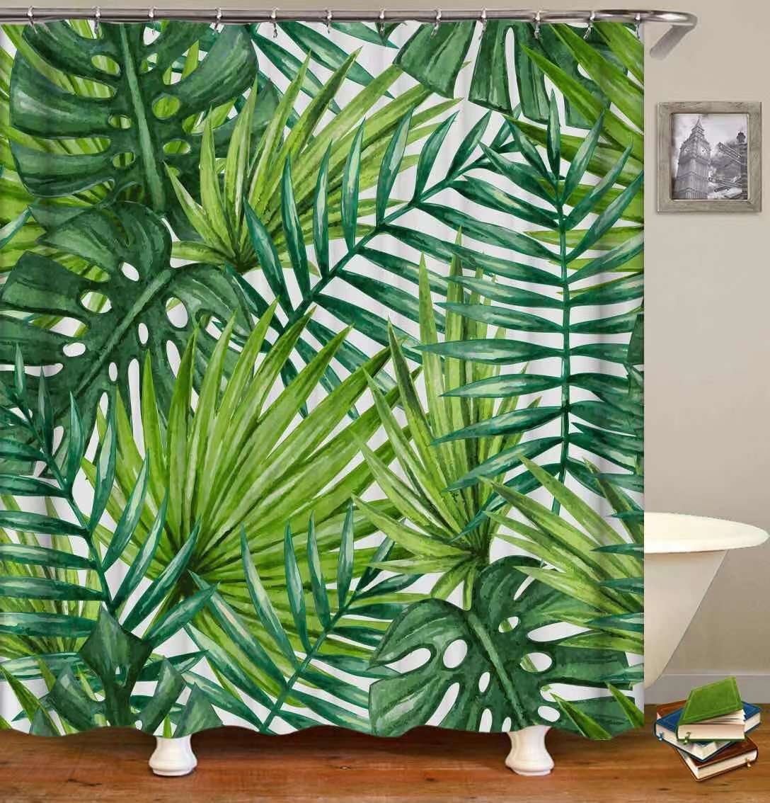 Colorful Waterproof Shower Curtain with Palm Leaves and Mosaic Tiles Print