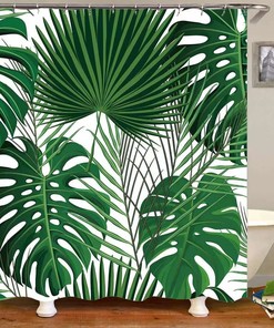 Colorful Waterproof Shower Curtain with Palm Leaves and Mosaic Tiles Print